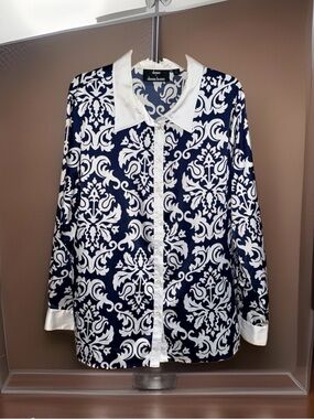dennis by dennis basso Navy & White Satin Damask Button-Down Shirt-XL-EC
